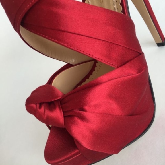Charlotte Olympia Red Satin Andrea Knot Bow Platform Heels  Charlotte Olympia Andrea Red Silk Satin Heels